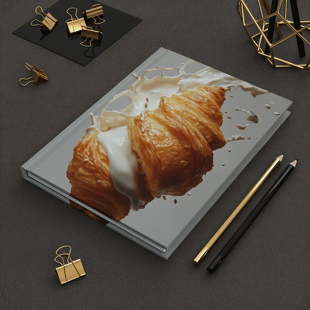 Golden Croissant Milk Splash White Background – Notebooks