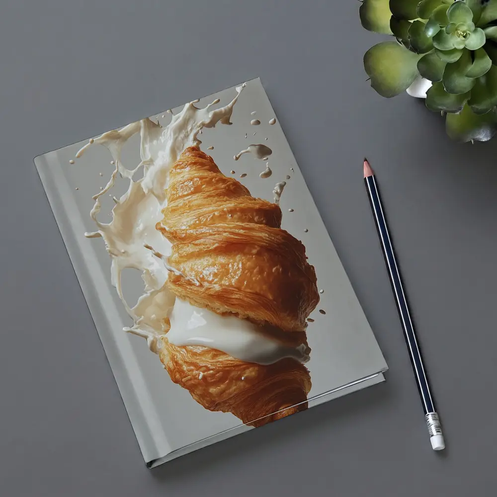 Golden Croissant Milk Splash White Background – Notebooks