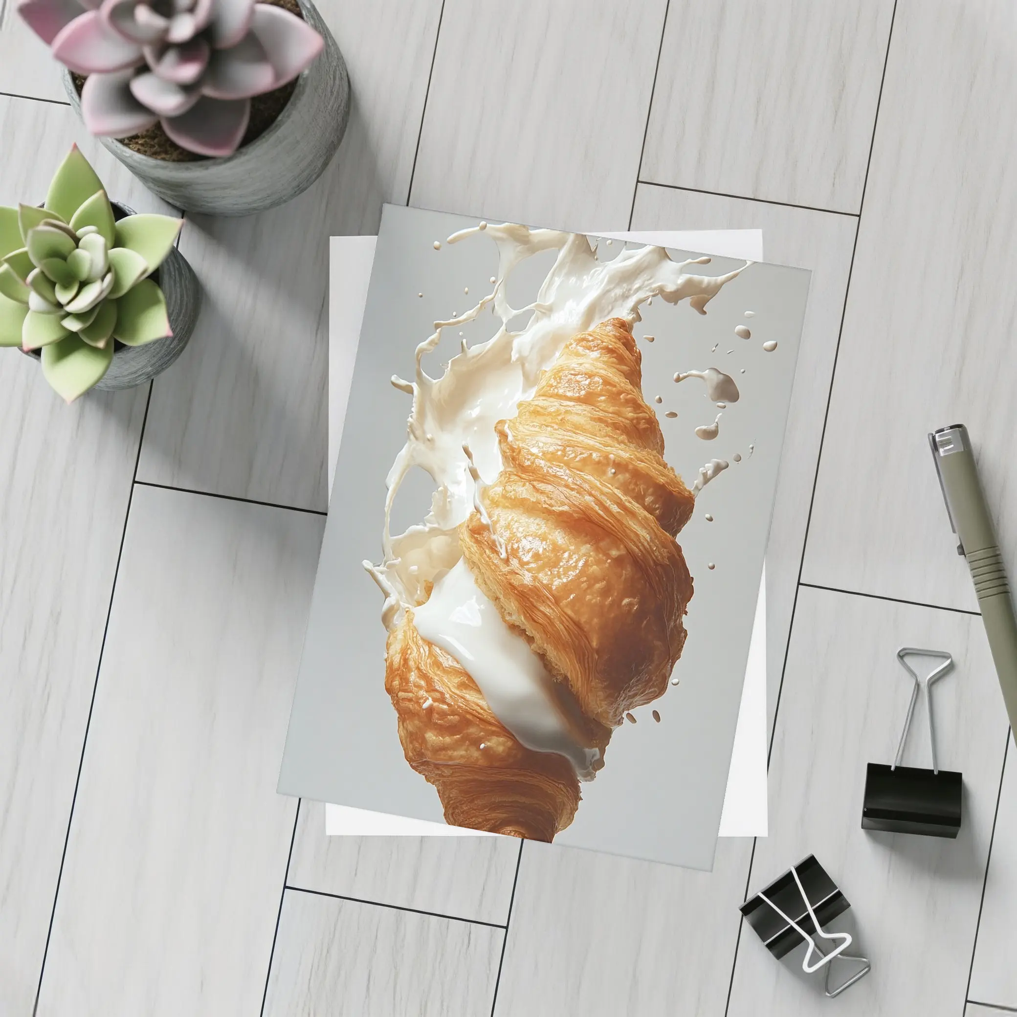 Golden Croissant Milk Splash White Background – Postcards