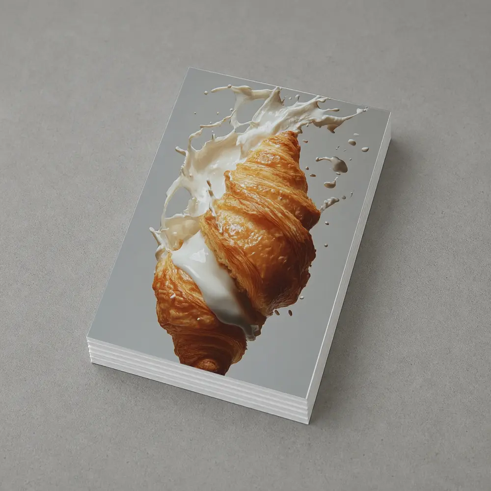 Golden Croissant Milk Splash White Background – Postcards