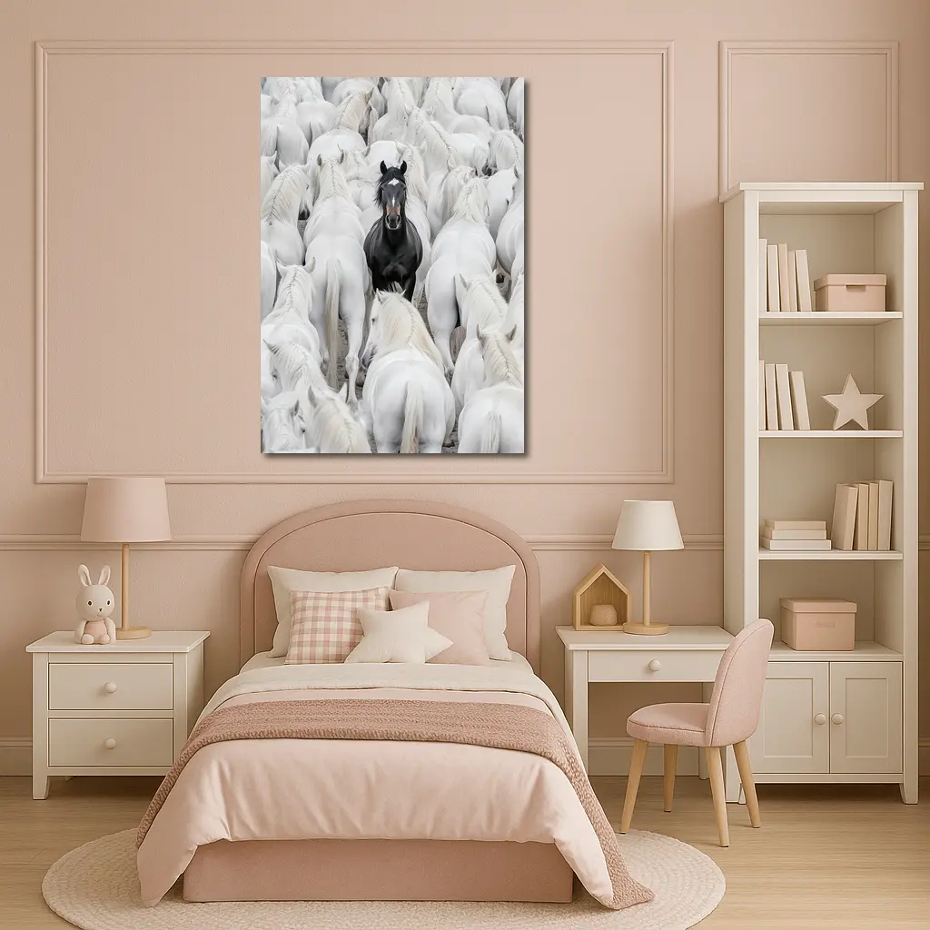 Black Horse Standing Among White Horses – Wall Art
