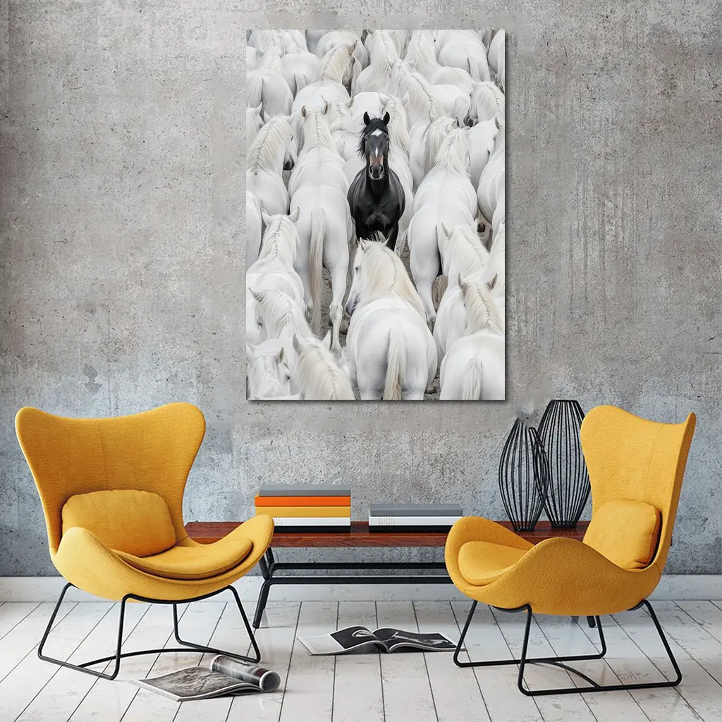 Black Horse Standing Among White Horses – Wall Art