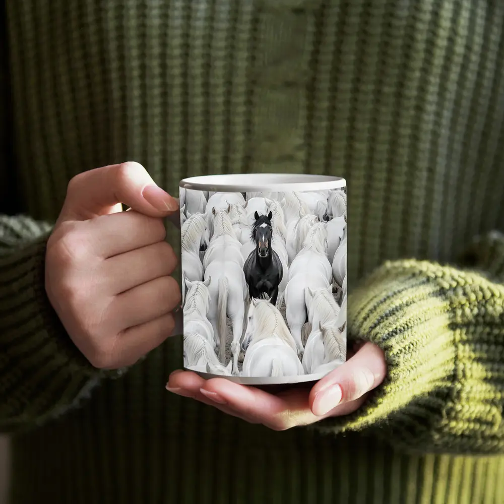 Black Horse Standing Among White Horses – Mugs
