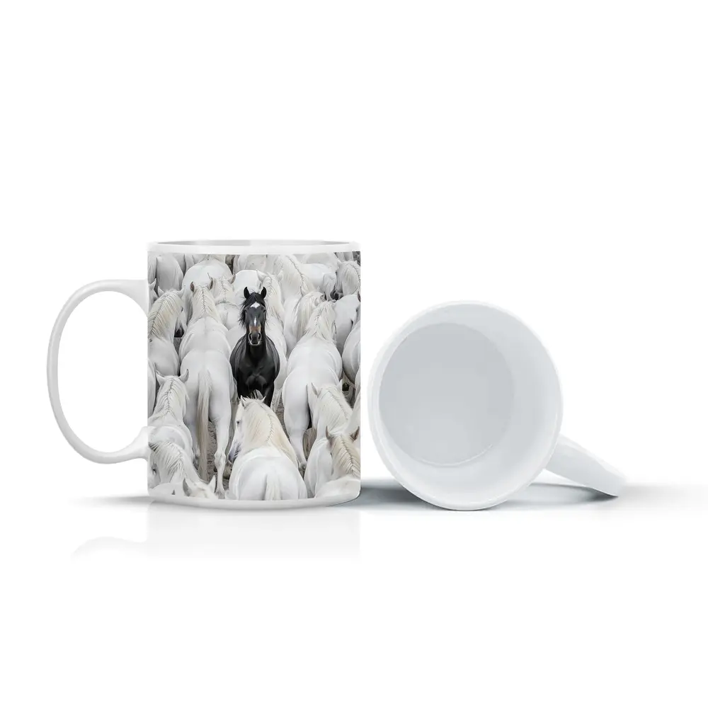 Black Horse Standing Among White Horses – Mugs