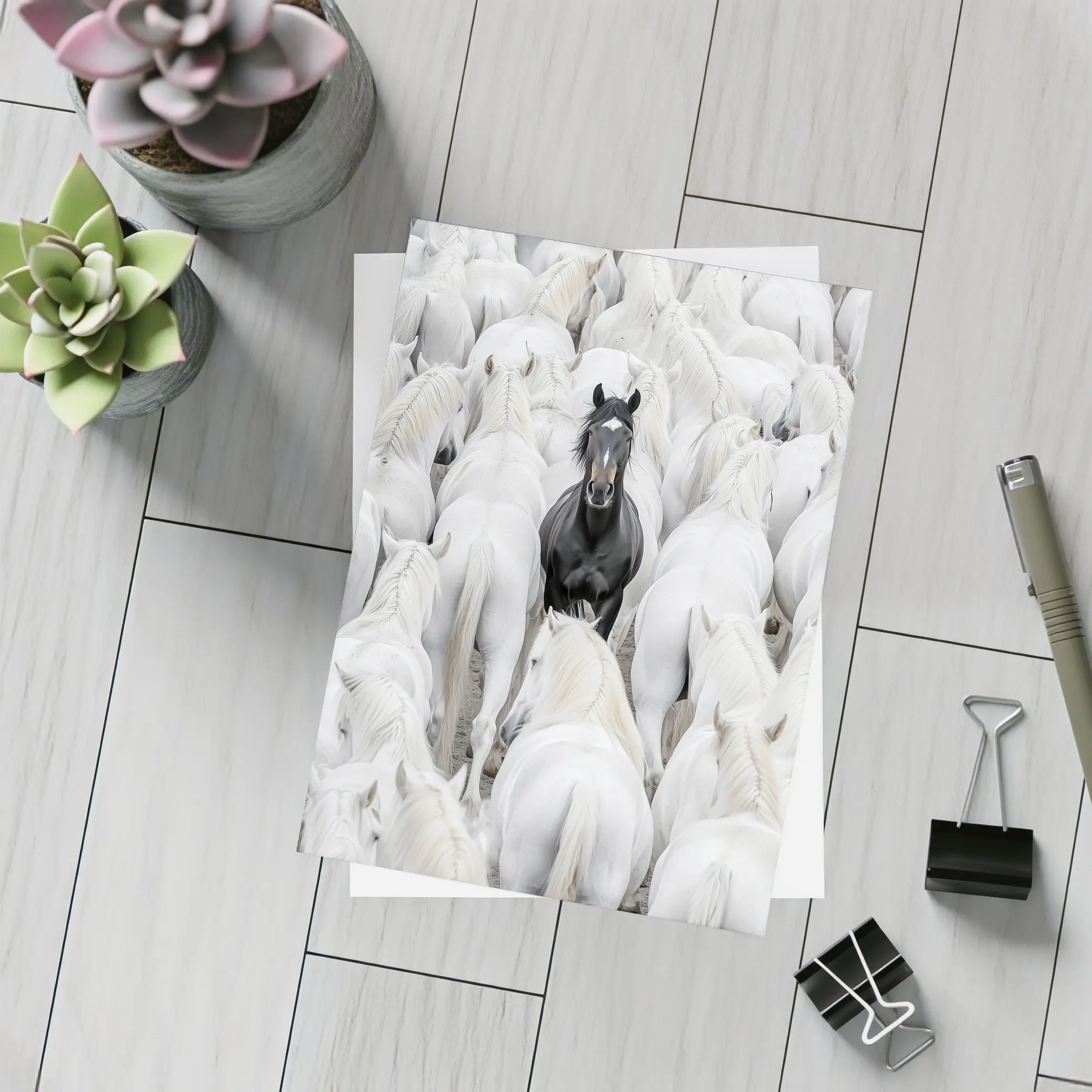 Black Horse Standing Among White Horses – Postcards