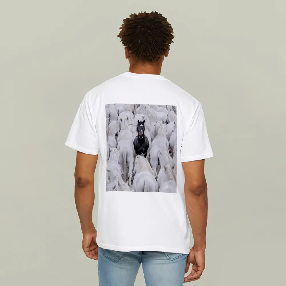 Black Horse Standing Among White Horses – T-Shirts