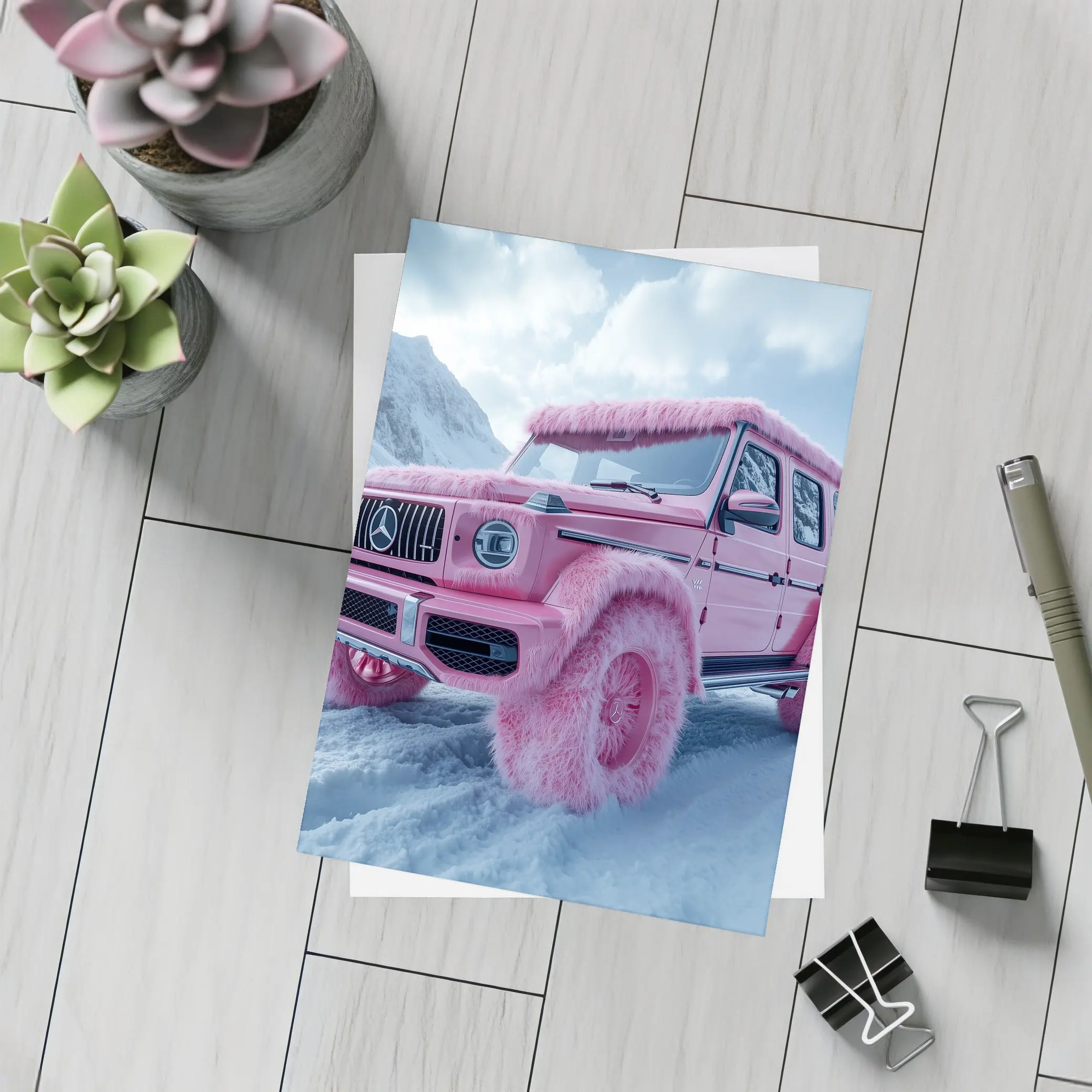 Pink Fur Mercedes G Class Snowy Mountains – Postcards