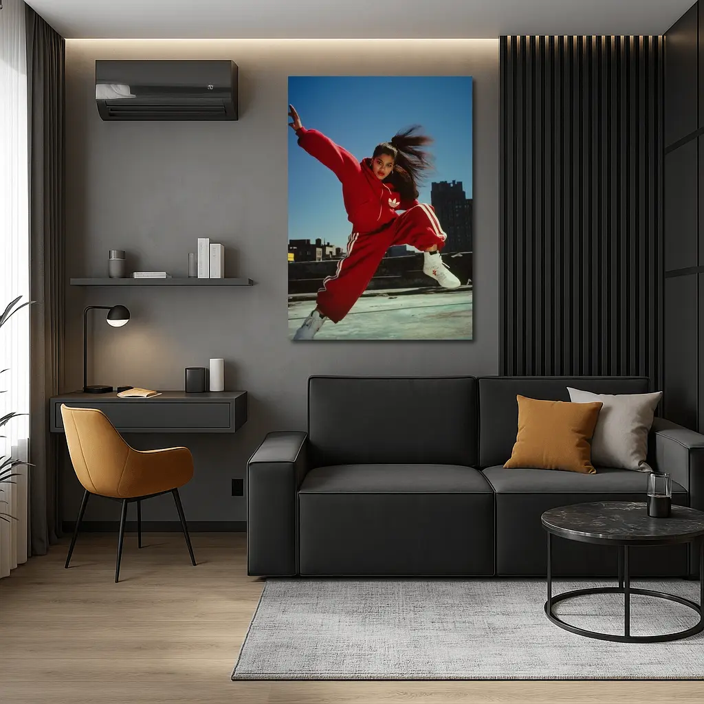 Red Adidas Tracksuit Girl Jumping City Rooftop – Wall Art