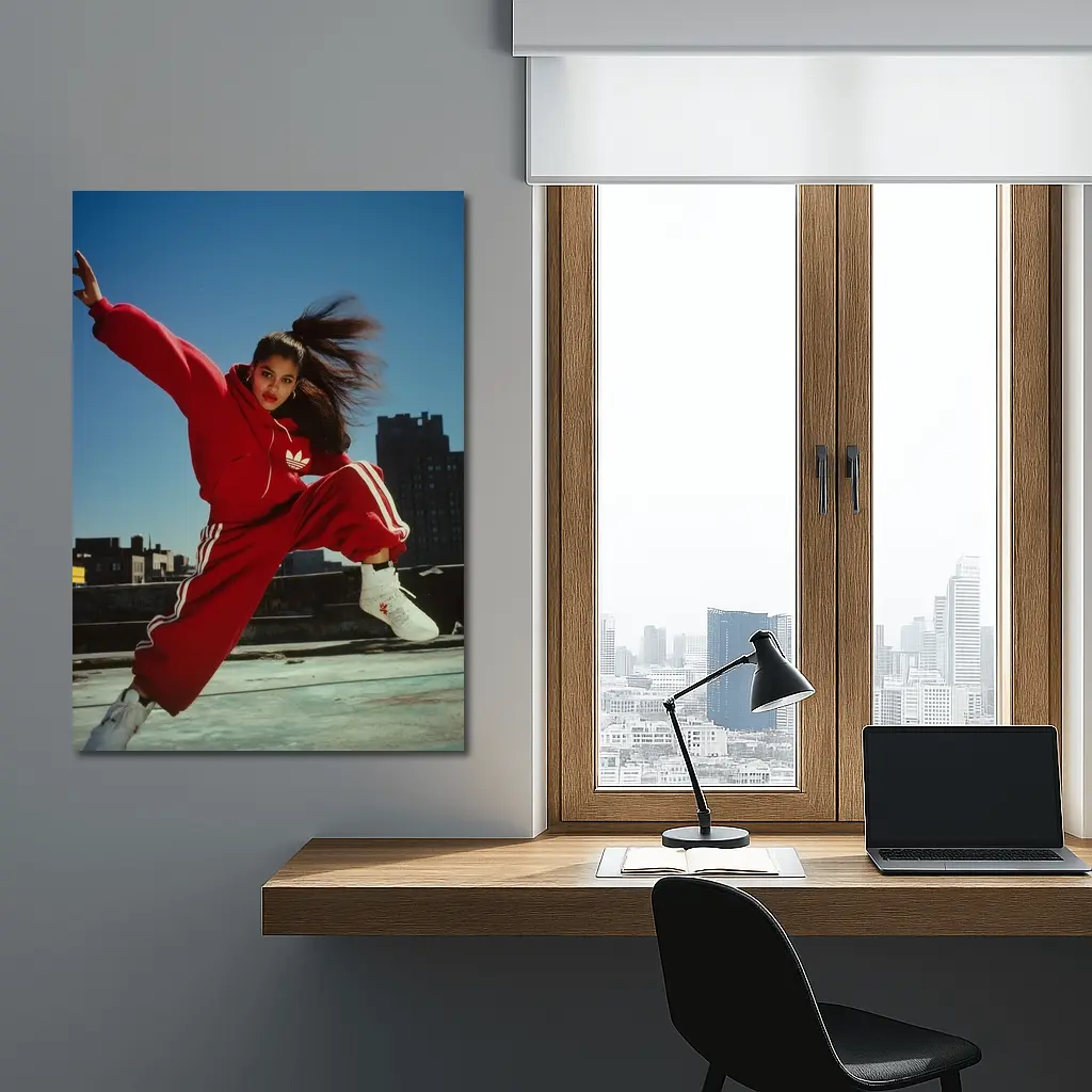 Red Adidas Tracksuit Girl Jumping City Rooftop – Wall Art