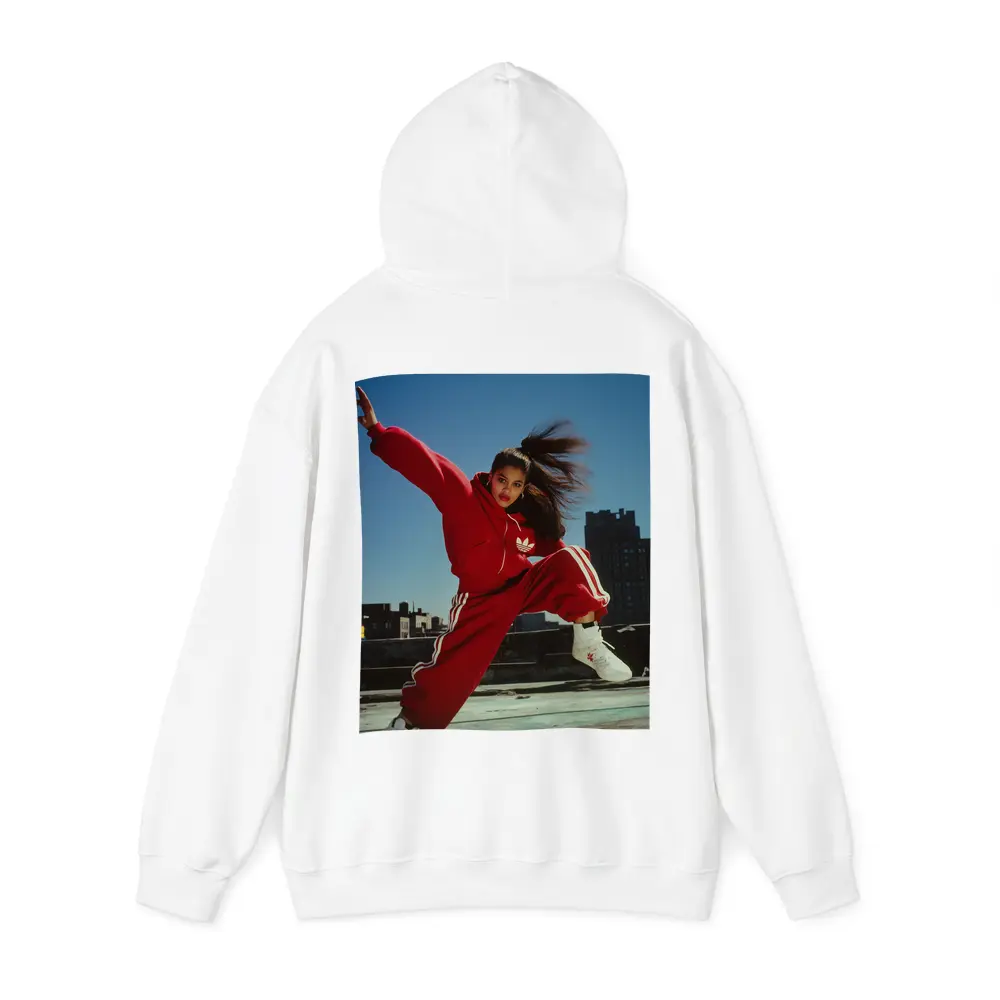 Red Adidas Tracksuit Girl Jumping City Rooftop – Hoodies