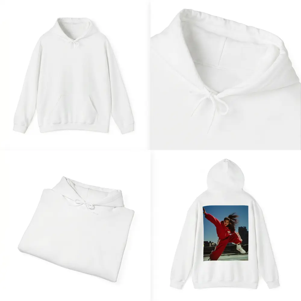 Red Adidas Tracksuit Girl Jumping City Rooftop – Hoodies