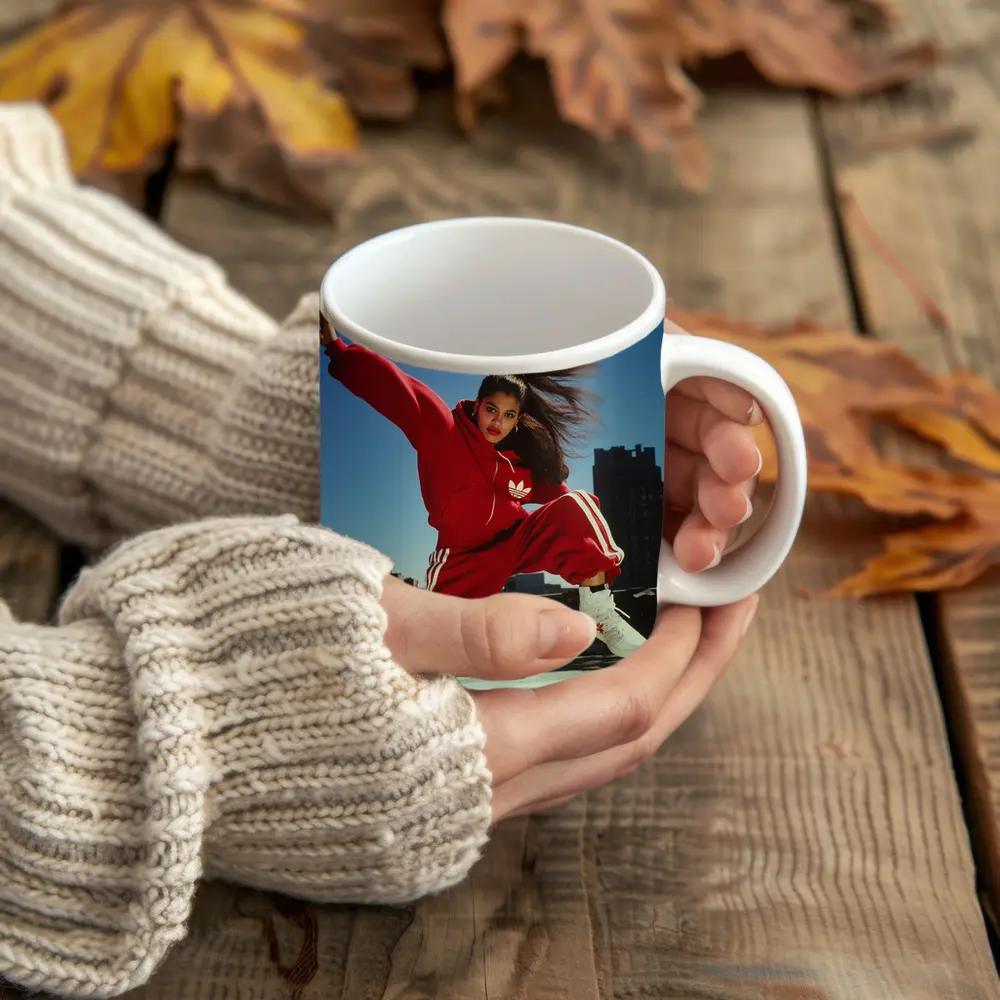 Red Adidas Tracksuit Girl Jumping City Rooftop – Mugs
