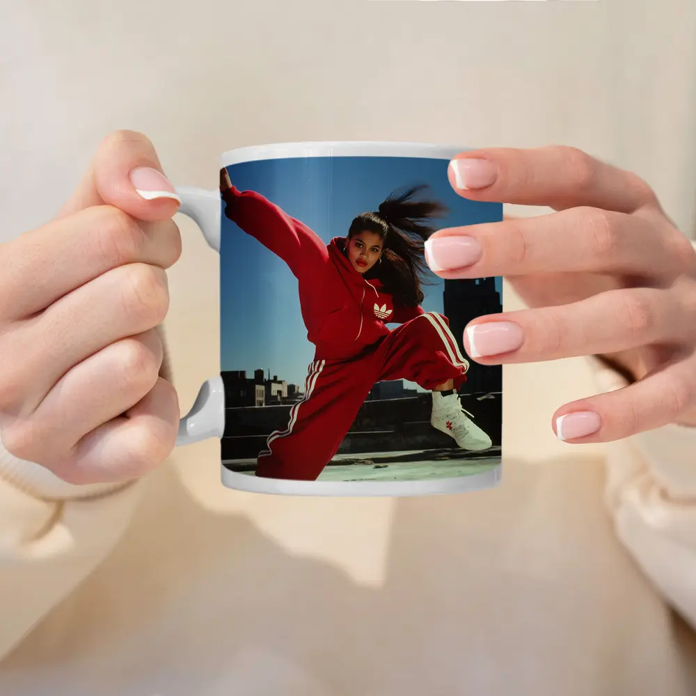 Red Adidas Tracksuit Girl Jumping City Rooftop – Mugs