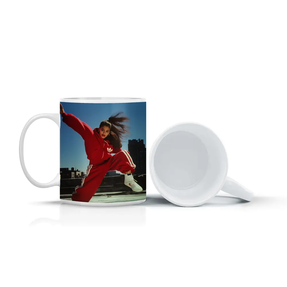 Red Adidas Tracksuit Girl Jumping City Rooftop – Mugs