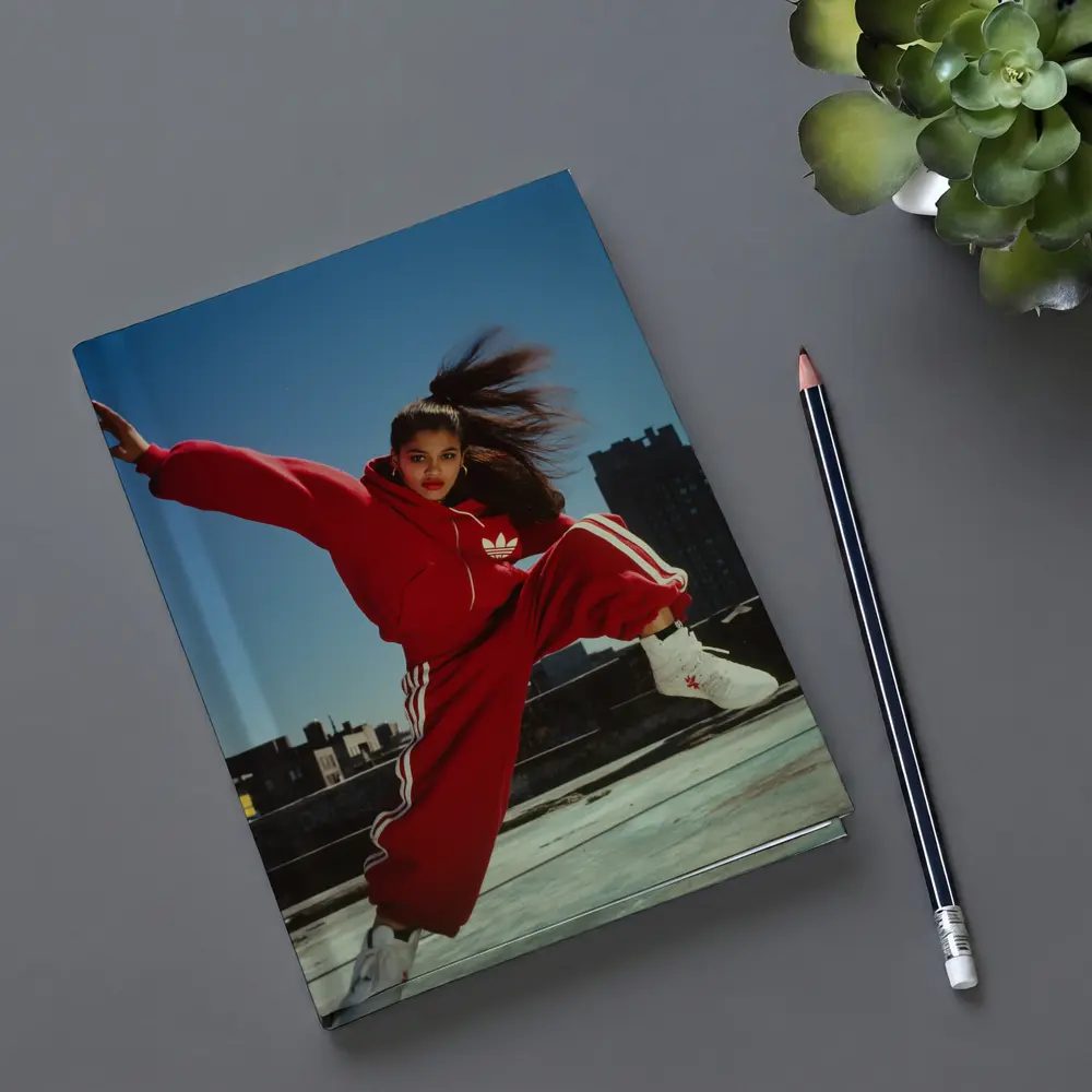 Red Adidas Tracksuit Girl Jumping City Rooftop – Notebooks