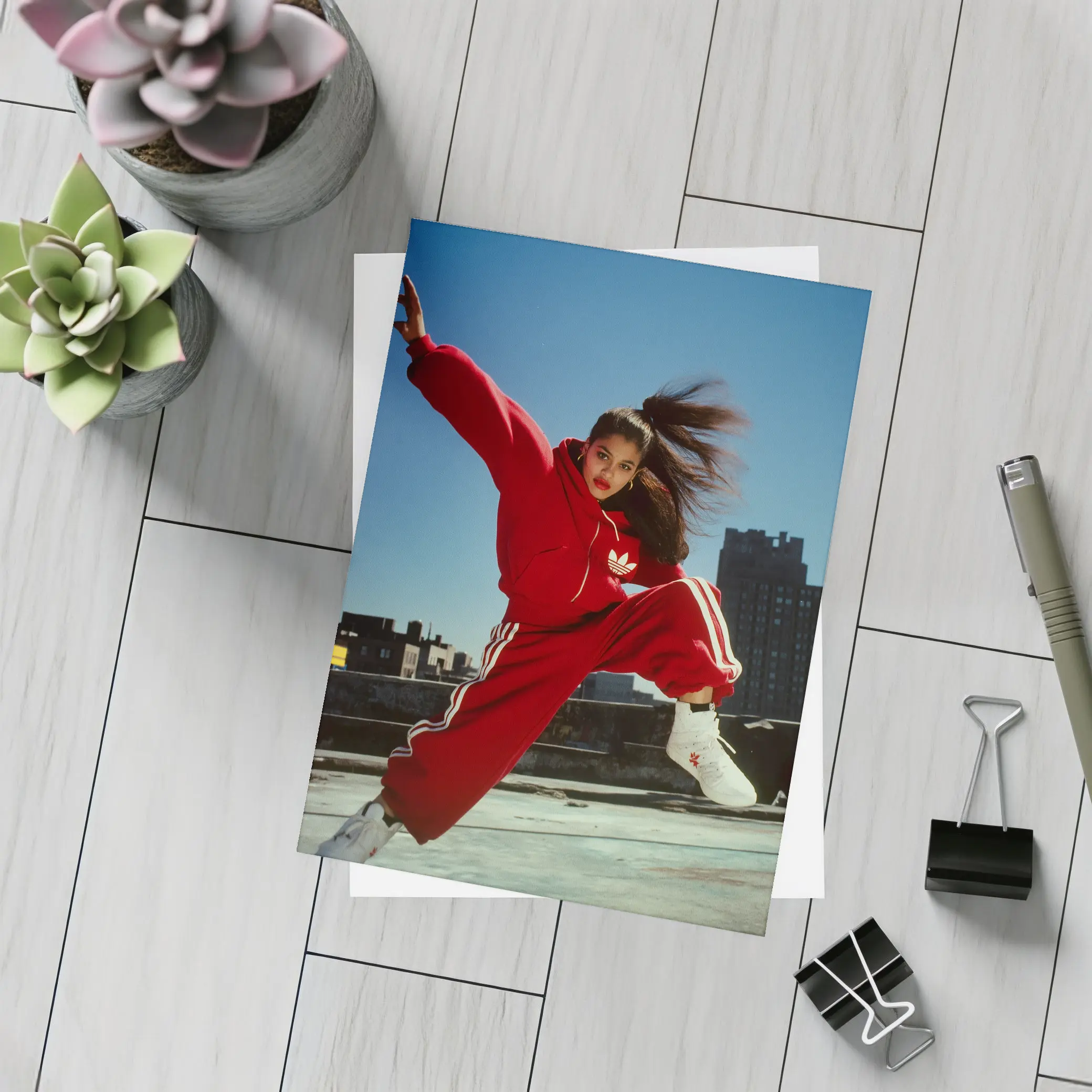 Red Adidas Tracksuit Girl Jumping City Rooftop – Postcards