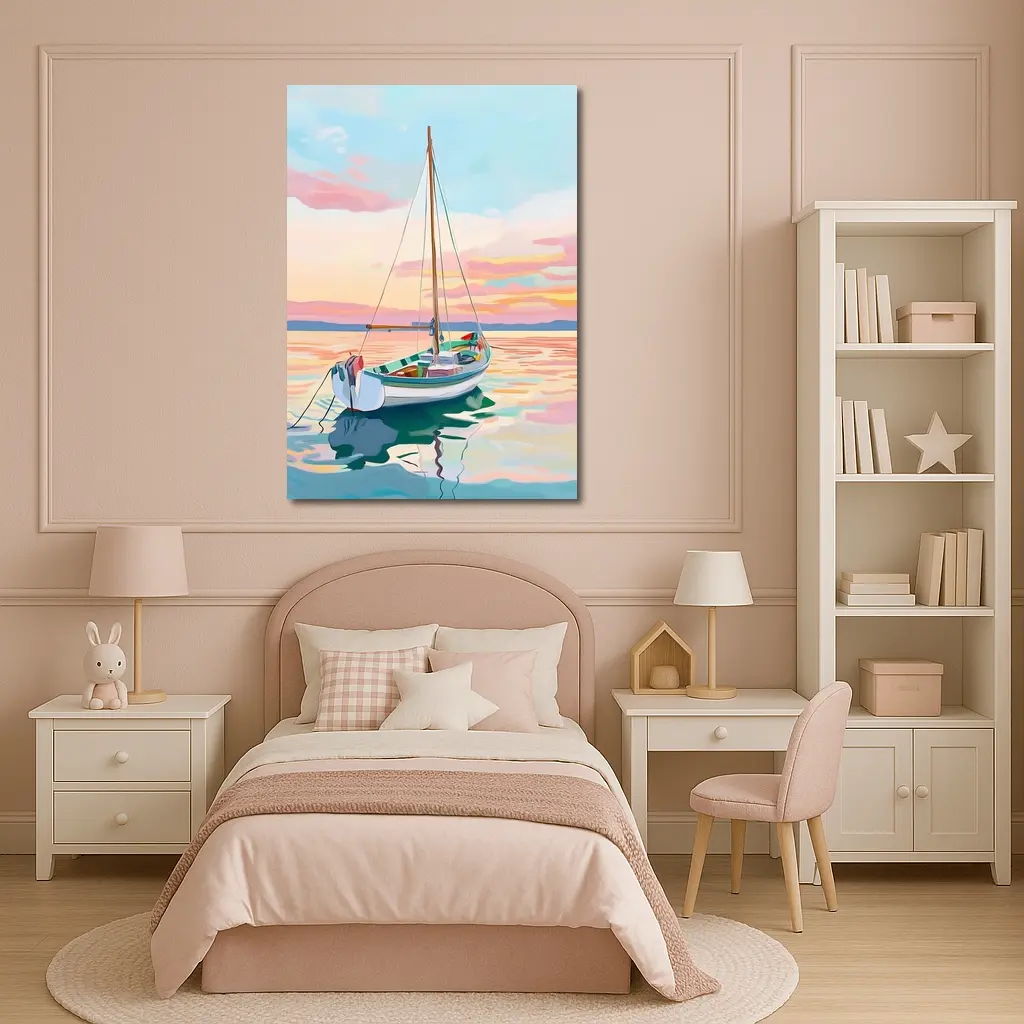Sailboat Moored At Pastel Sunset Sea – Wall Art