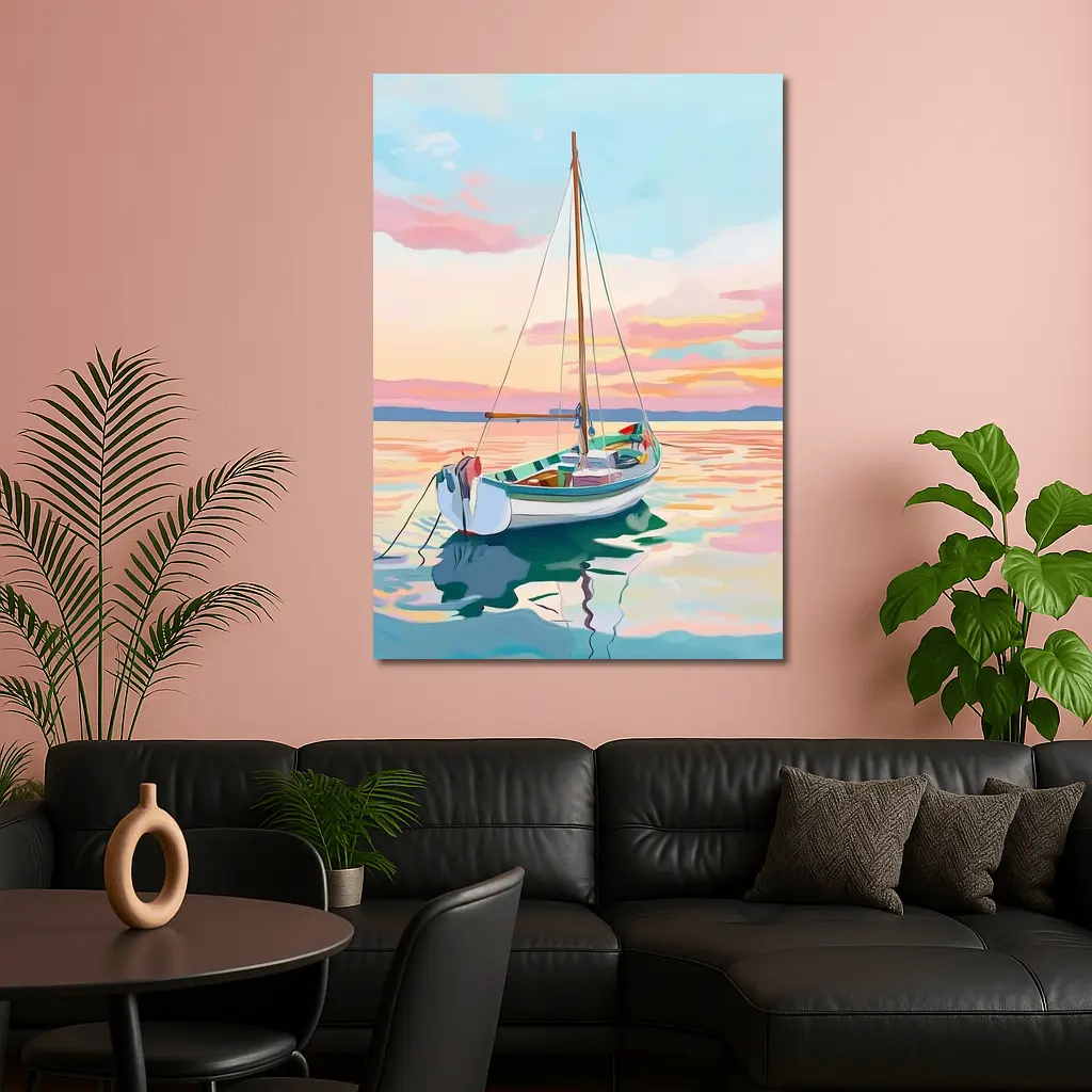 Sailboat Moored At Pastel Sunset Sea – Wall Art