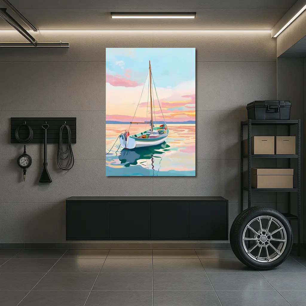 Sailboat Moored At Pastel Sunset Sea – Wall Art