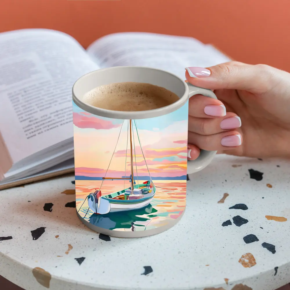 Sailboat Moored At Pastel Sunset Sea – Mugs