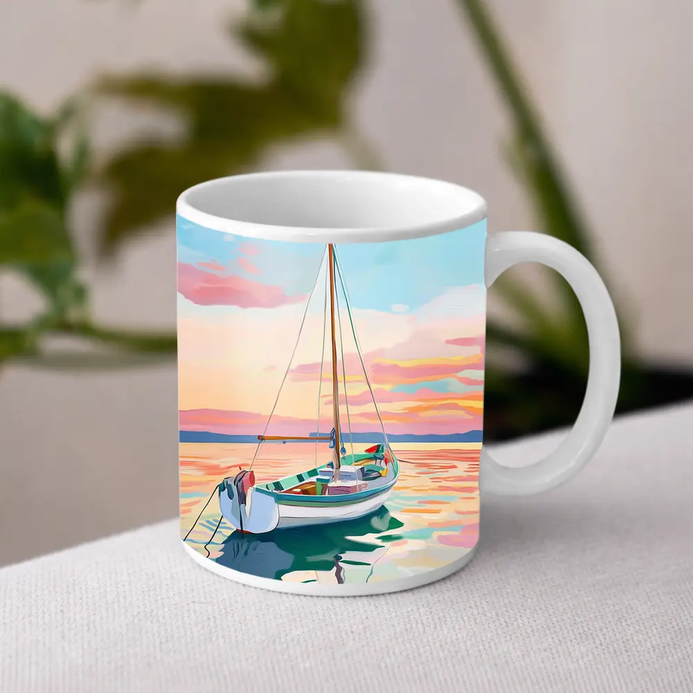 Sailboat Moored At Pastel Sunset Sea – Mugs