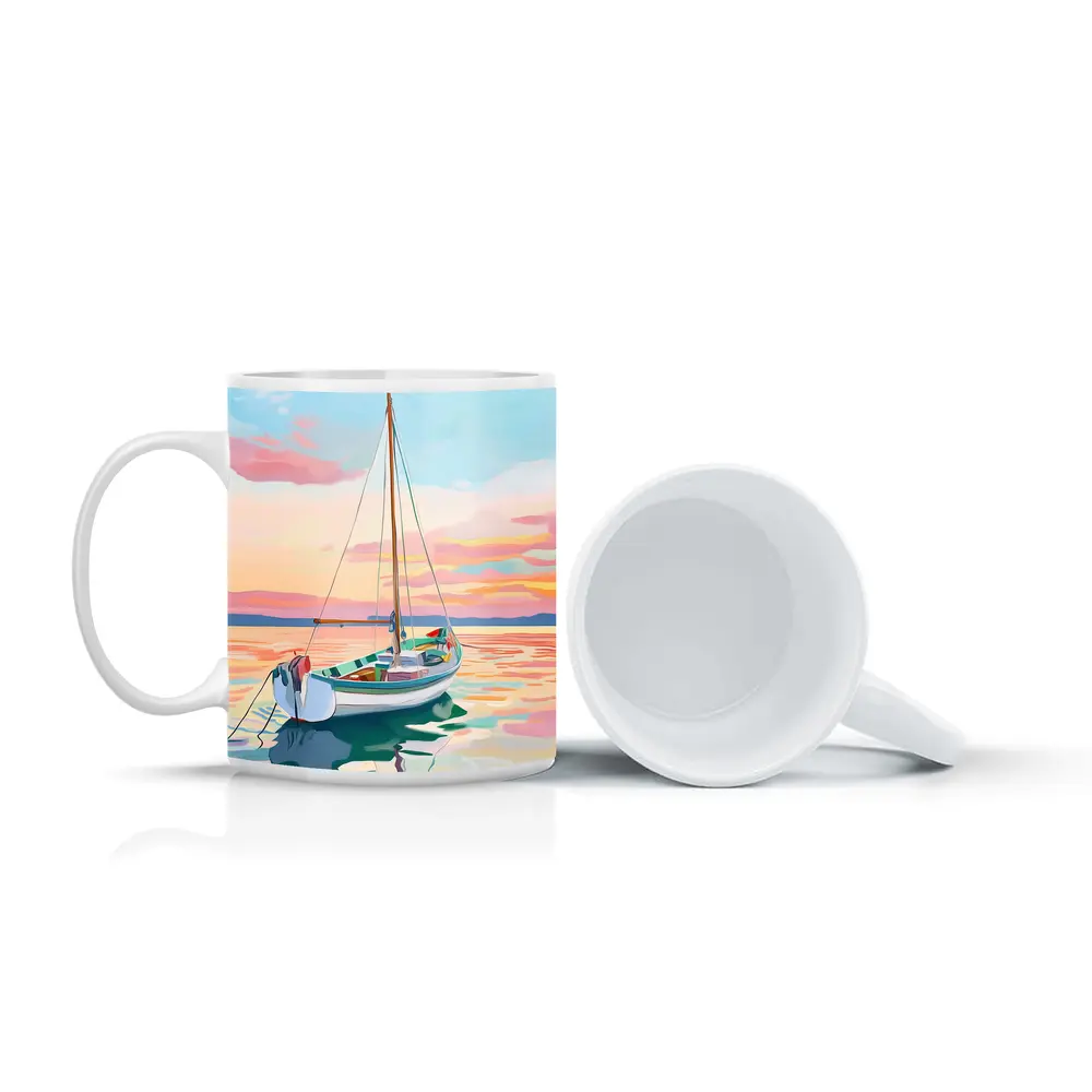 Sailboat Moored At Pastel Sunset Sea – Mugs