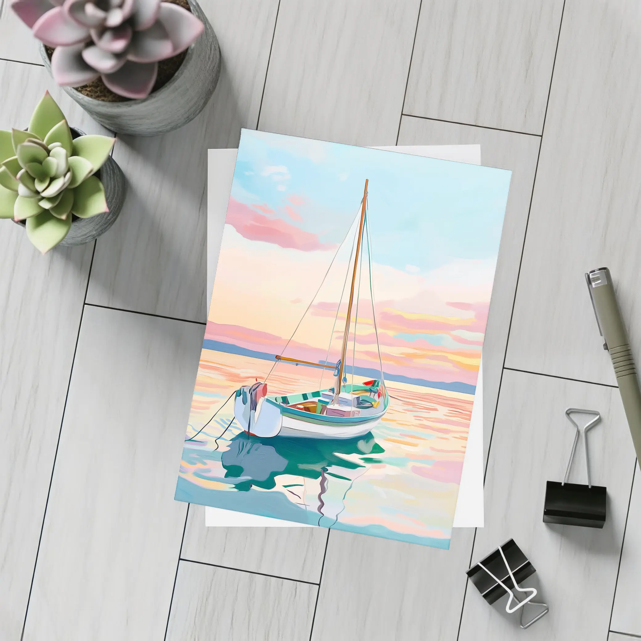 Sailboat Moored At Pastel Sunset Sea – Postcards