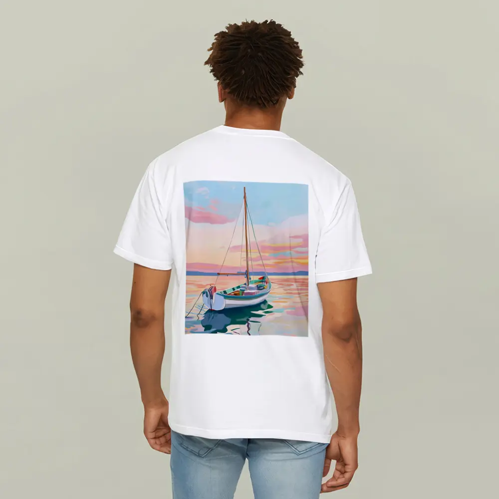 Sailboat Moored At Pastel Sunset Sea – T-Shirts
