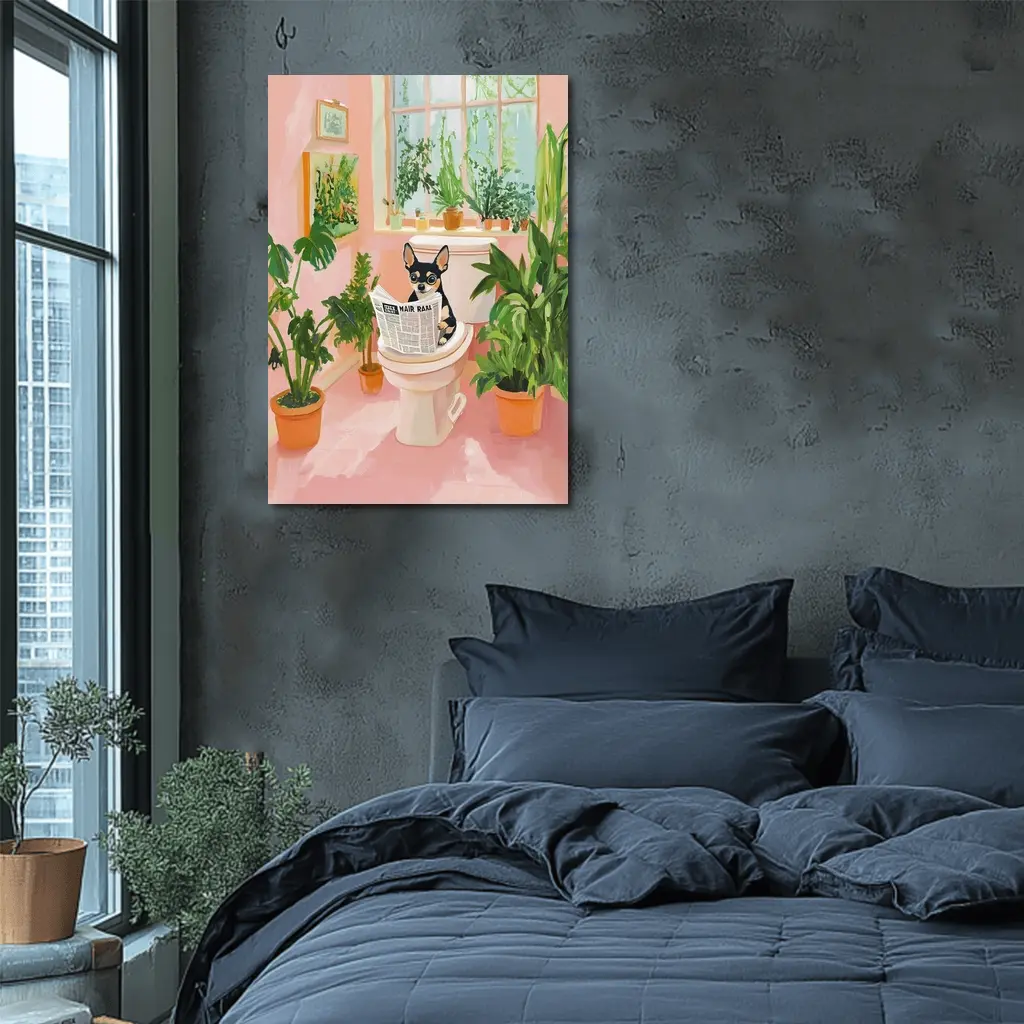 Chihuahua Reading Newspaper Pink Bathroom Plants – Wall Art