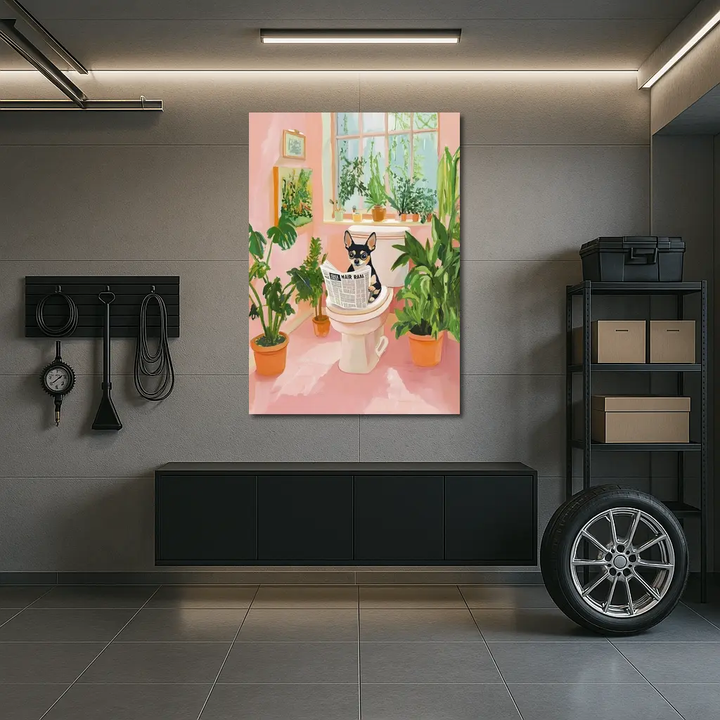 Chihuahua Reading Newspaper Pink Bathroom Plants – Wall Art
