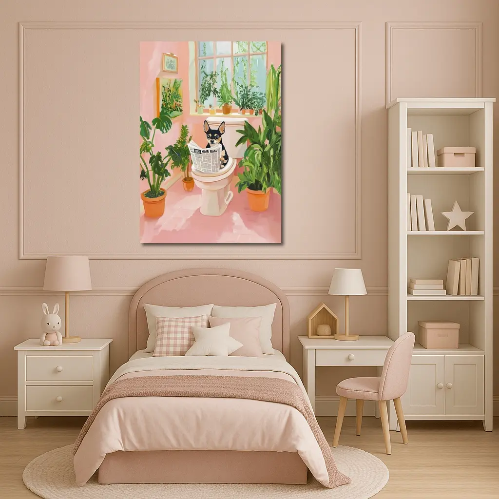 Chihuahua Reading Newspaper Pink Bathroom Plants – Wall Art