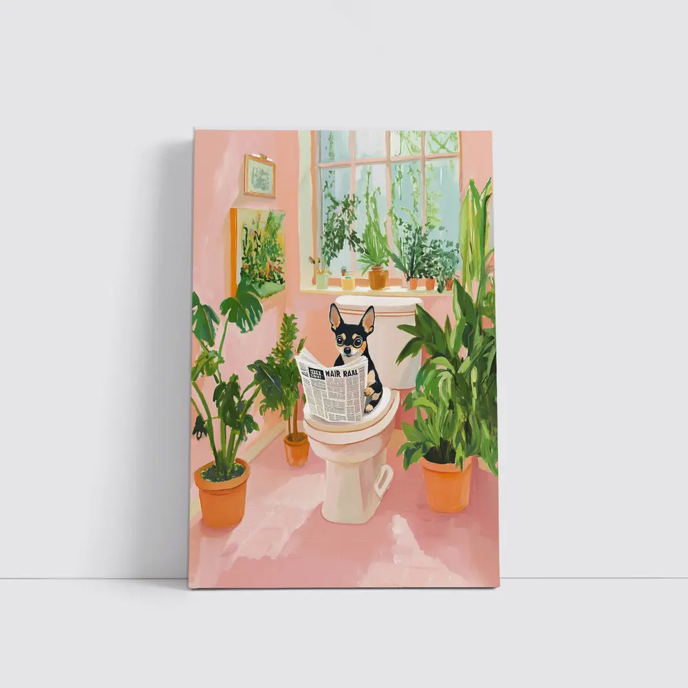Chihuahua Reading Newspaper Pink Bathroom Plants – Wall Art