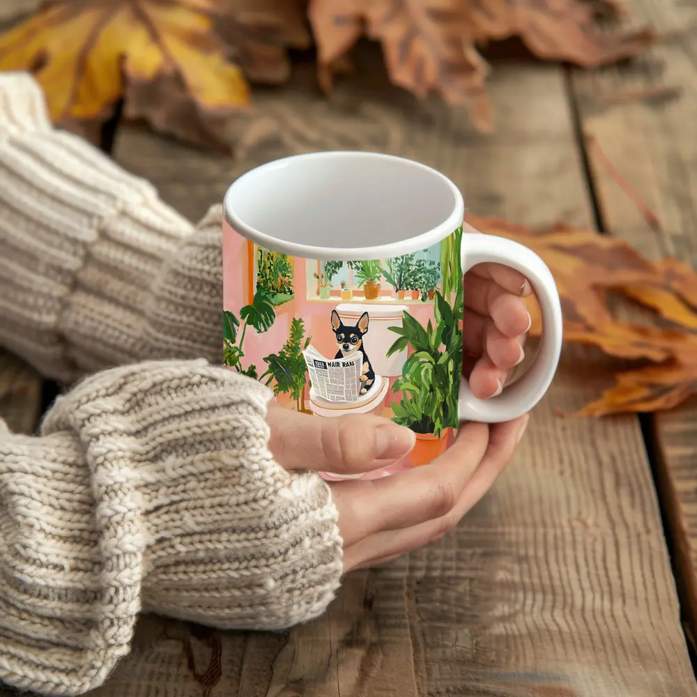 Chihuahua Reading Newspaper Pink Bathroom Plants – Mugs