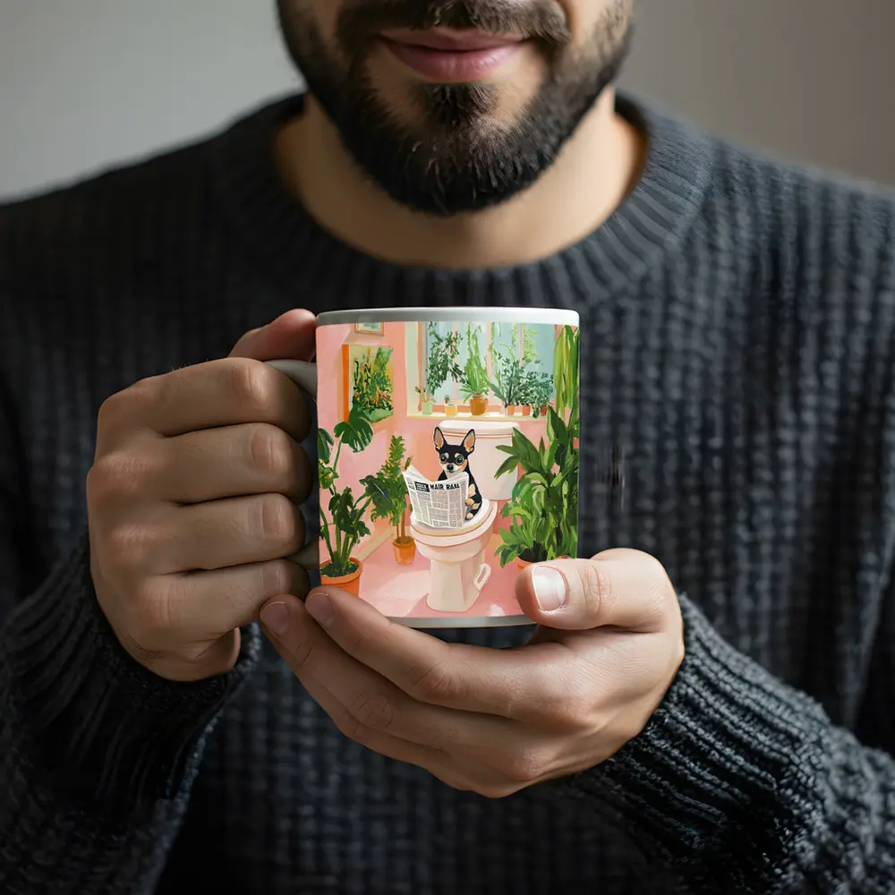 Chihuahua Reading Newspaper Pink Bathroom Plants – Mugs