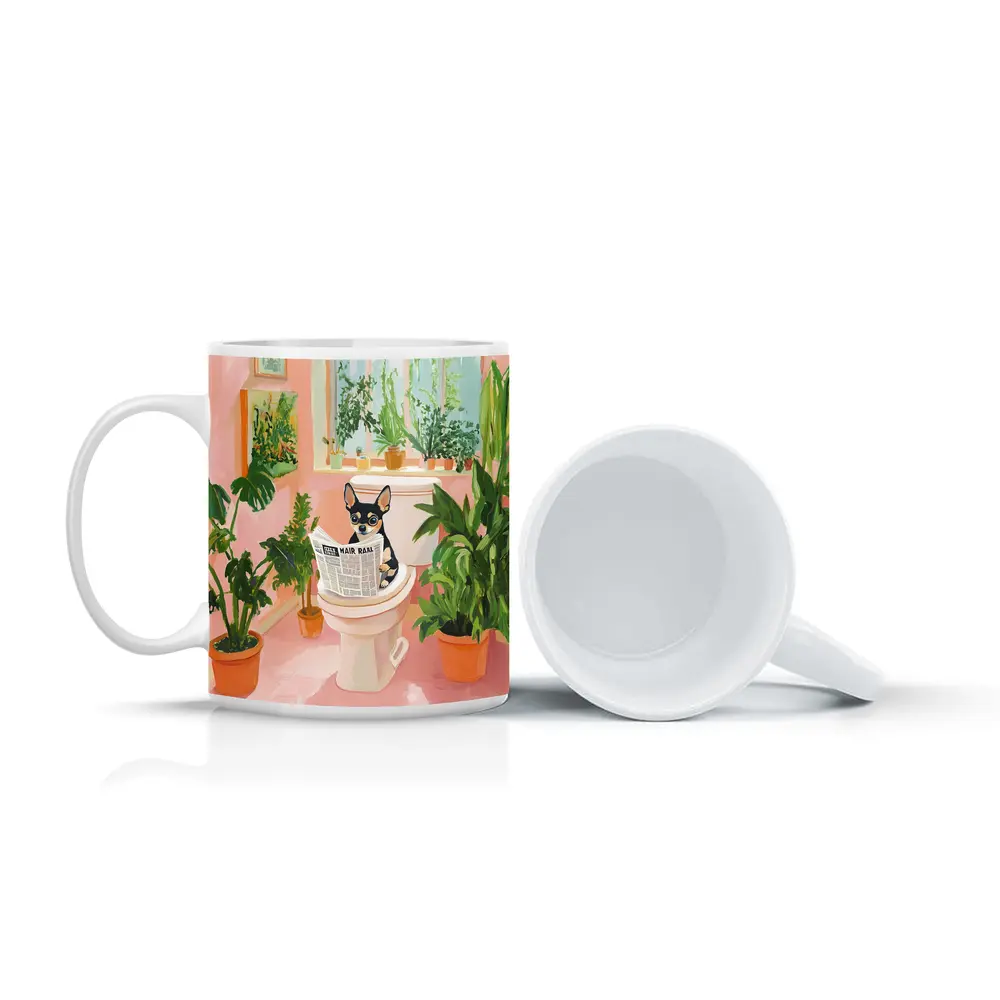 Chihuahua Reading Newspaper Pink Bathroom Plants – Mugs