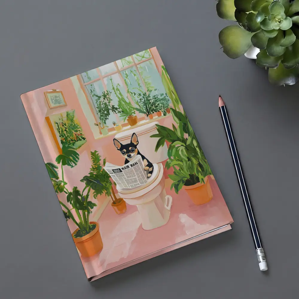 Chihuahua Reading Newspaper Pink Bathroom Plants – Notebooks