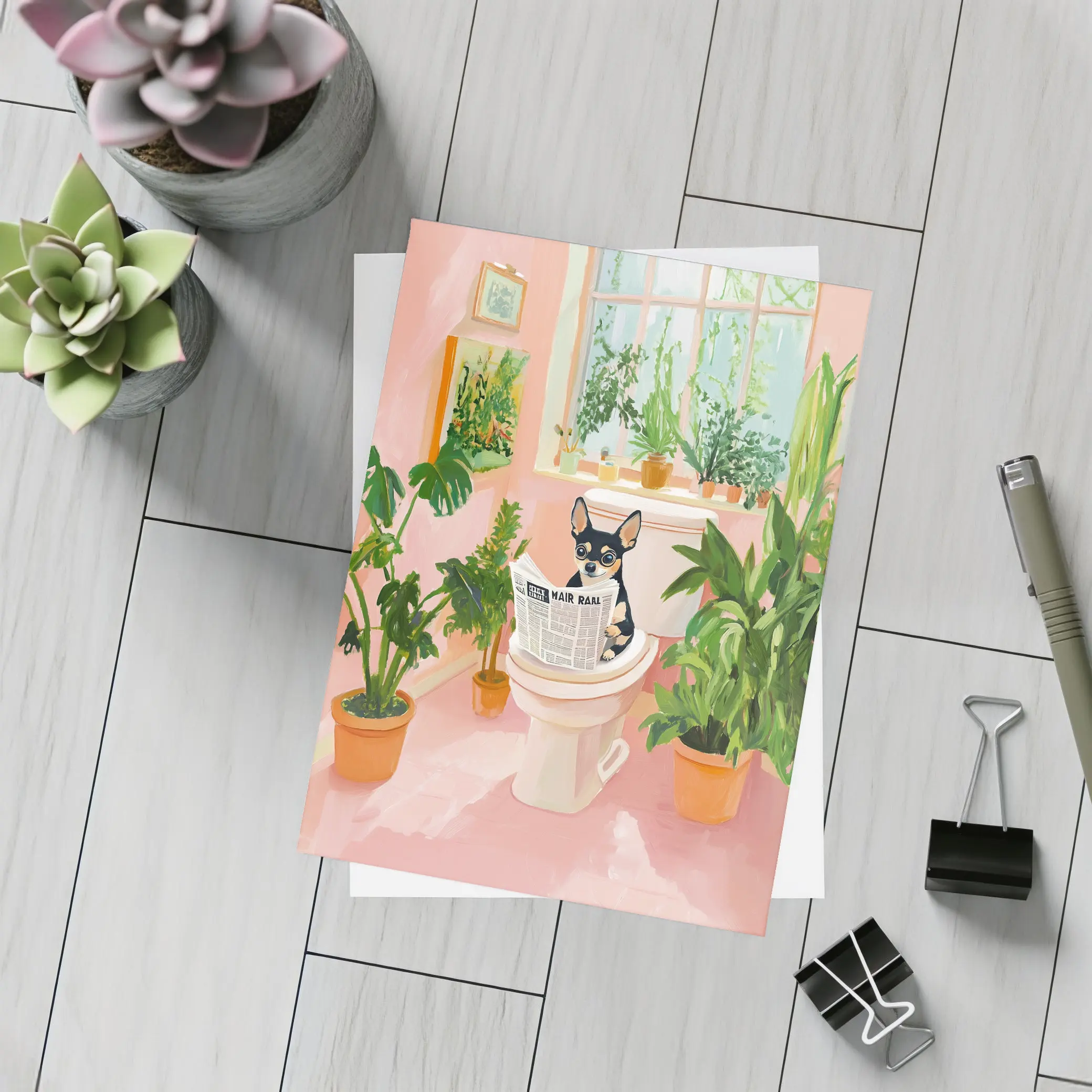 Chihuahua Reading Newspaper Pink Bathroom Plants – Postcards