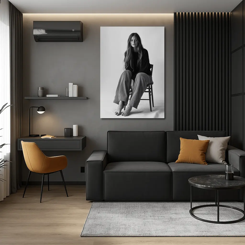 Young Woman Sitting Chair Black White – Wall Art
