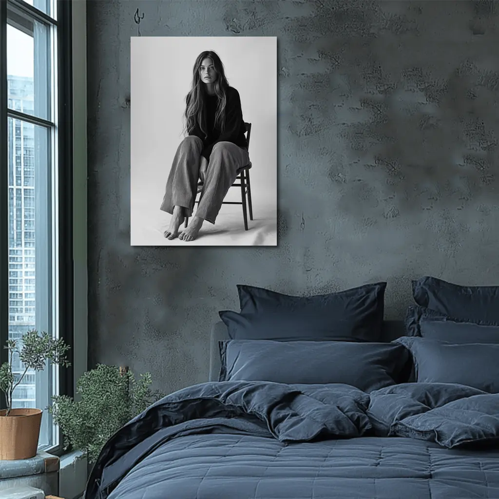 Young Woman Sitting Chair Black White – Wall Art
