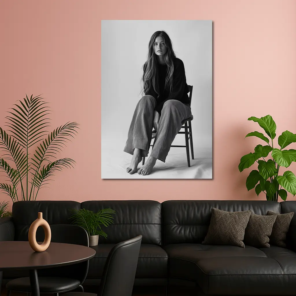 Young Woman Sitting Chair Black White – Wall Art