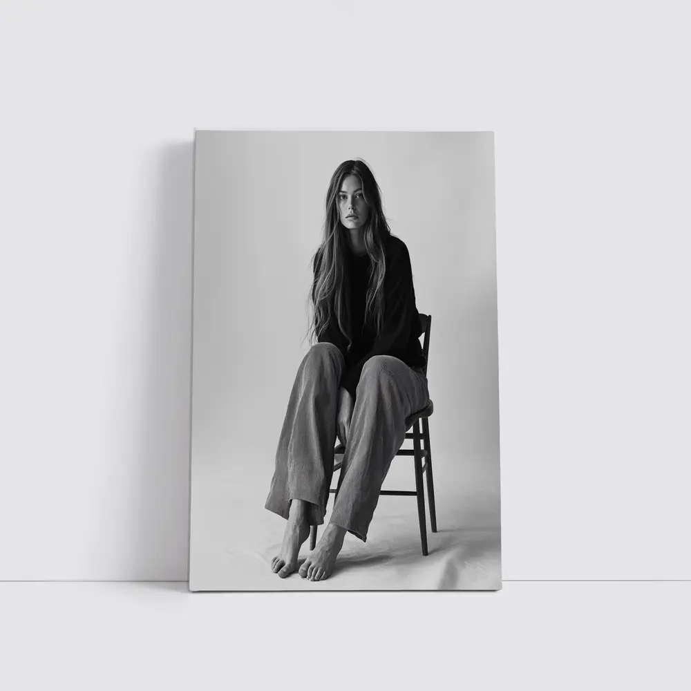 Young Woman Sitting Chair Black White – Wall Art