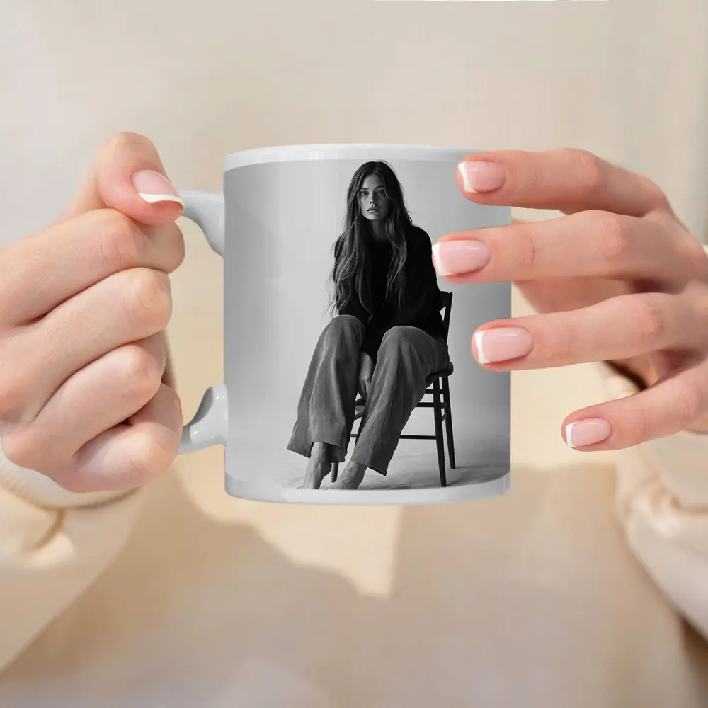 Young Woman Sitting Chair Black White – Mugs