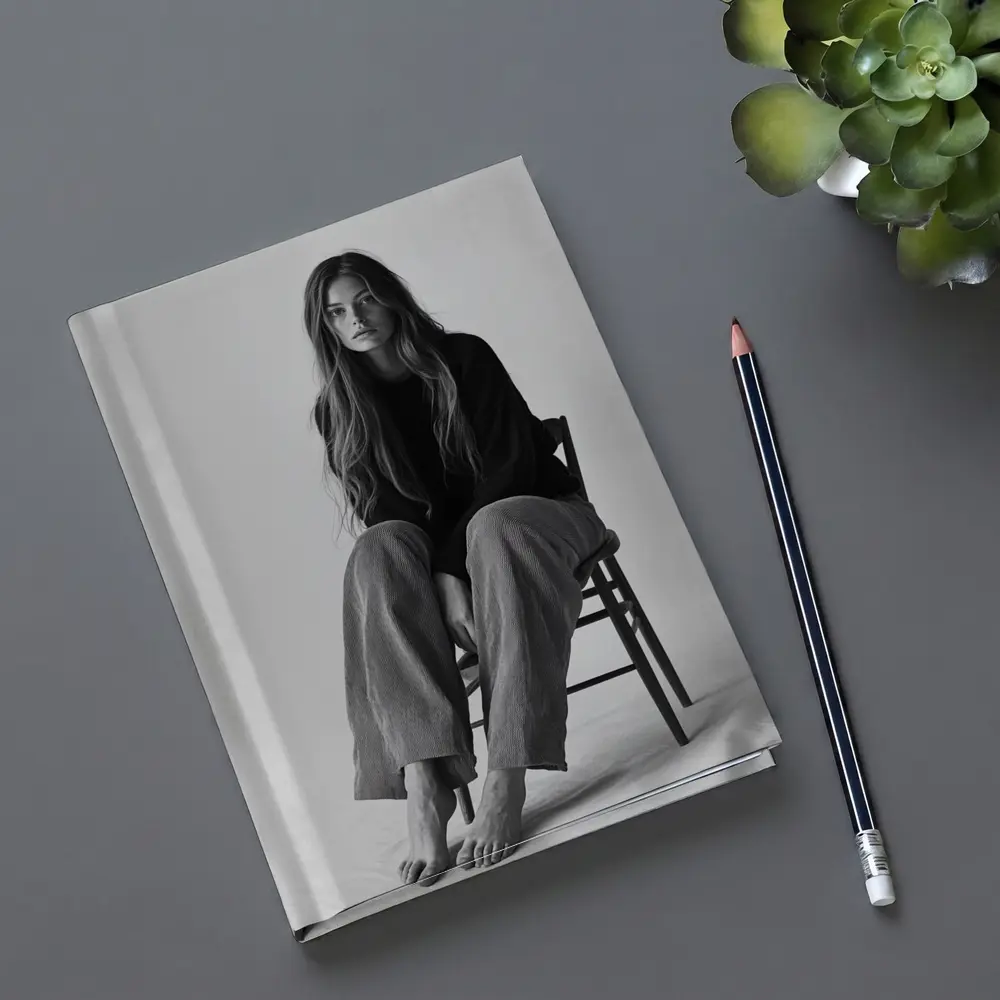 Young Woman Sitting Chair Black White – Notebooks
