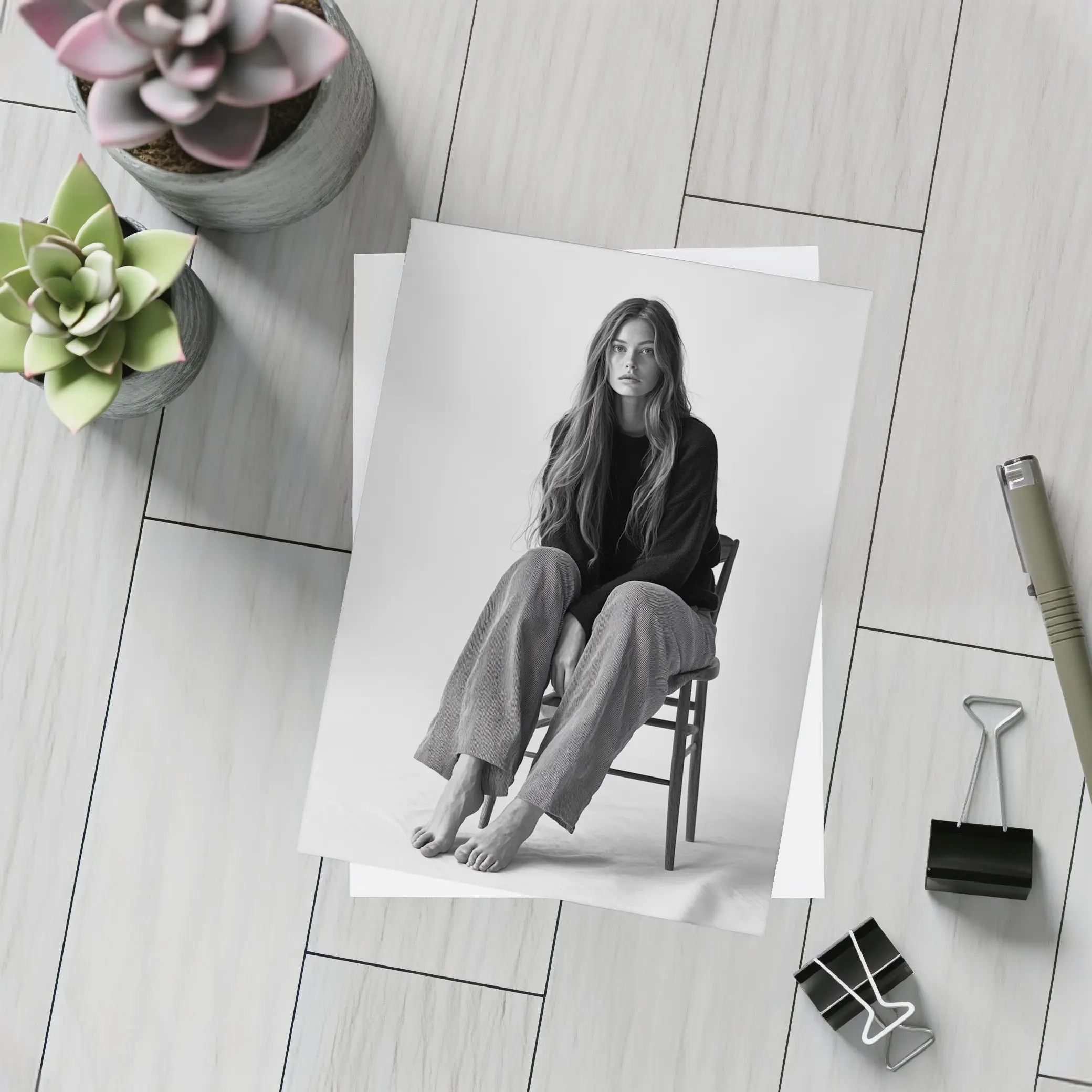 Young Woman Sitting Chair Black White – Postcards