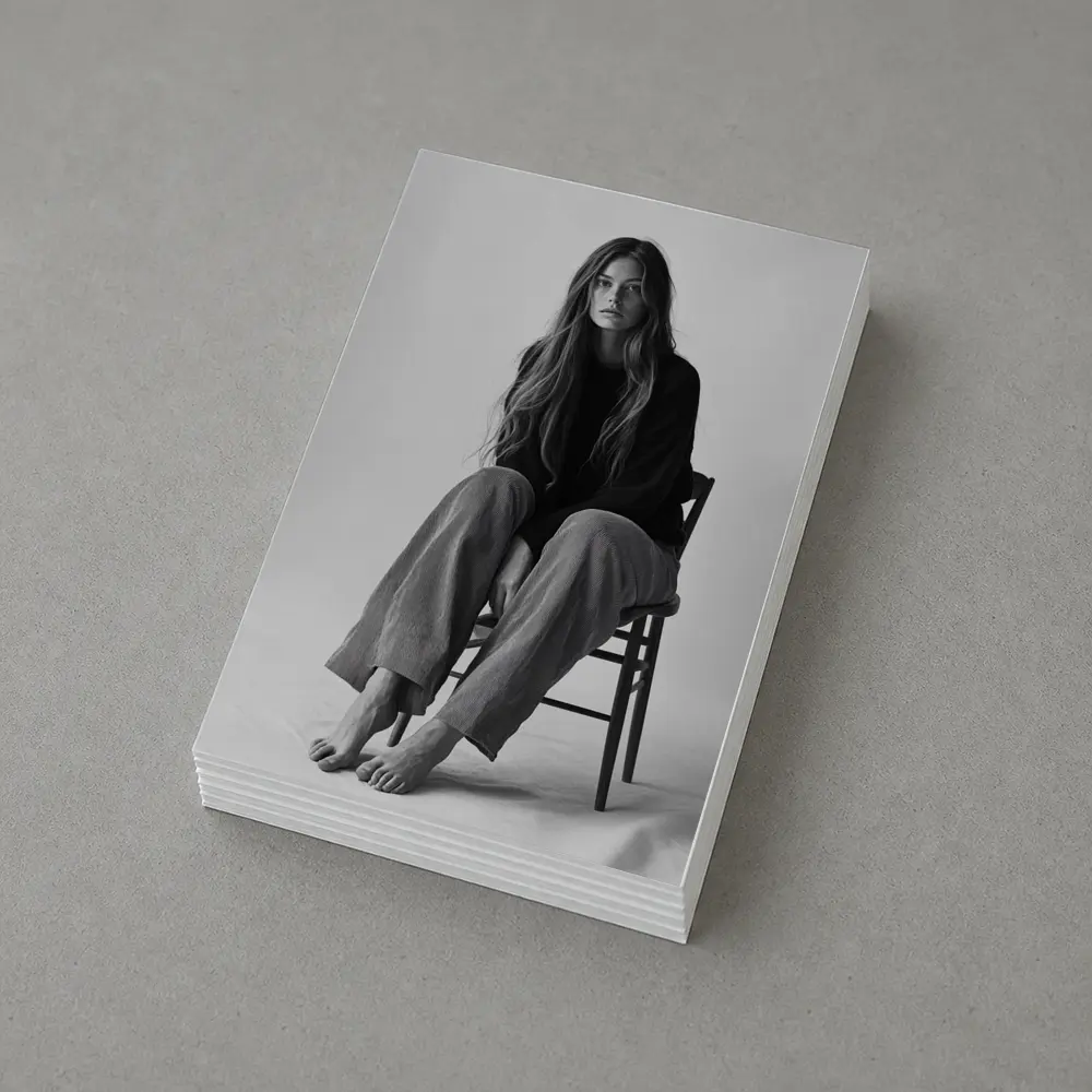 Young Woman Sitting Chair Black White – Postcards