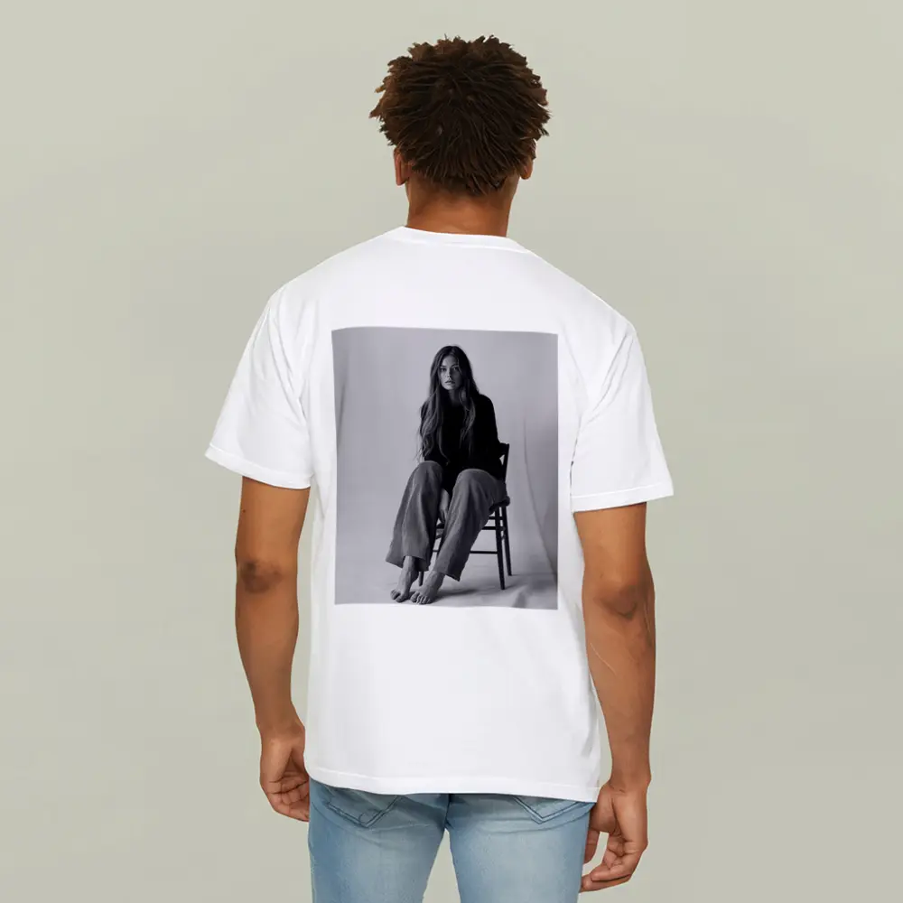 Young Woman Sitting Chair Black White – T-Shirts