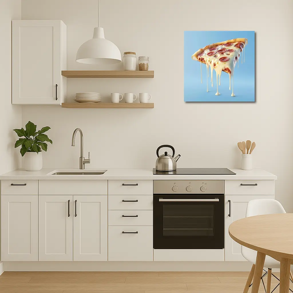 Cheesy Pepperoni Pizza Slice Blue Background – Wall Art