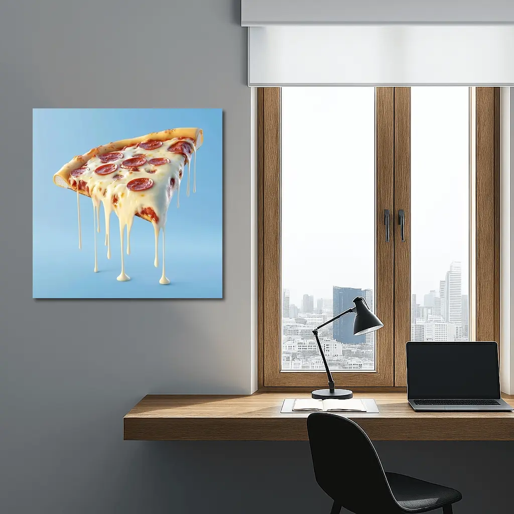Cheesy Pepperoni Pizza Slice Blue Background – Wall Art