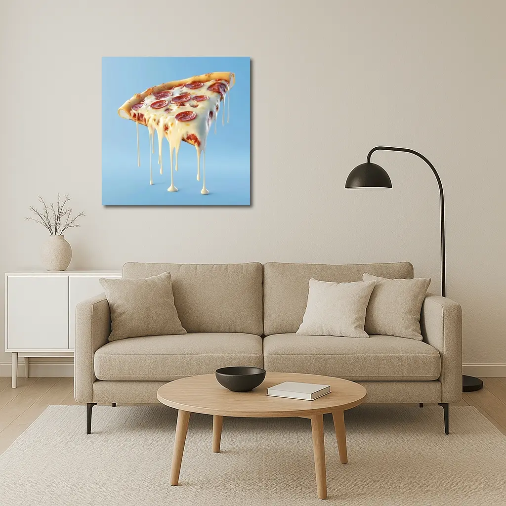 Cheesy Pepperoni Pizza Slice Blue Background – Wall Art