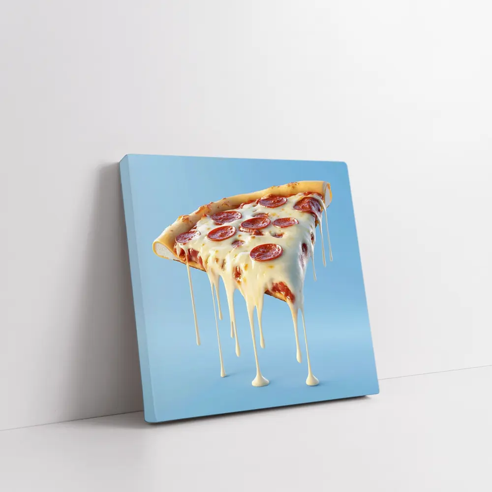 Cheesy Pepperoni Pizza Slice Blue Background – Wall Art